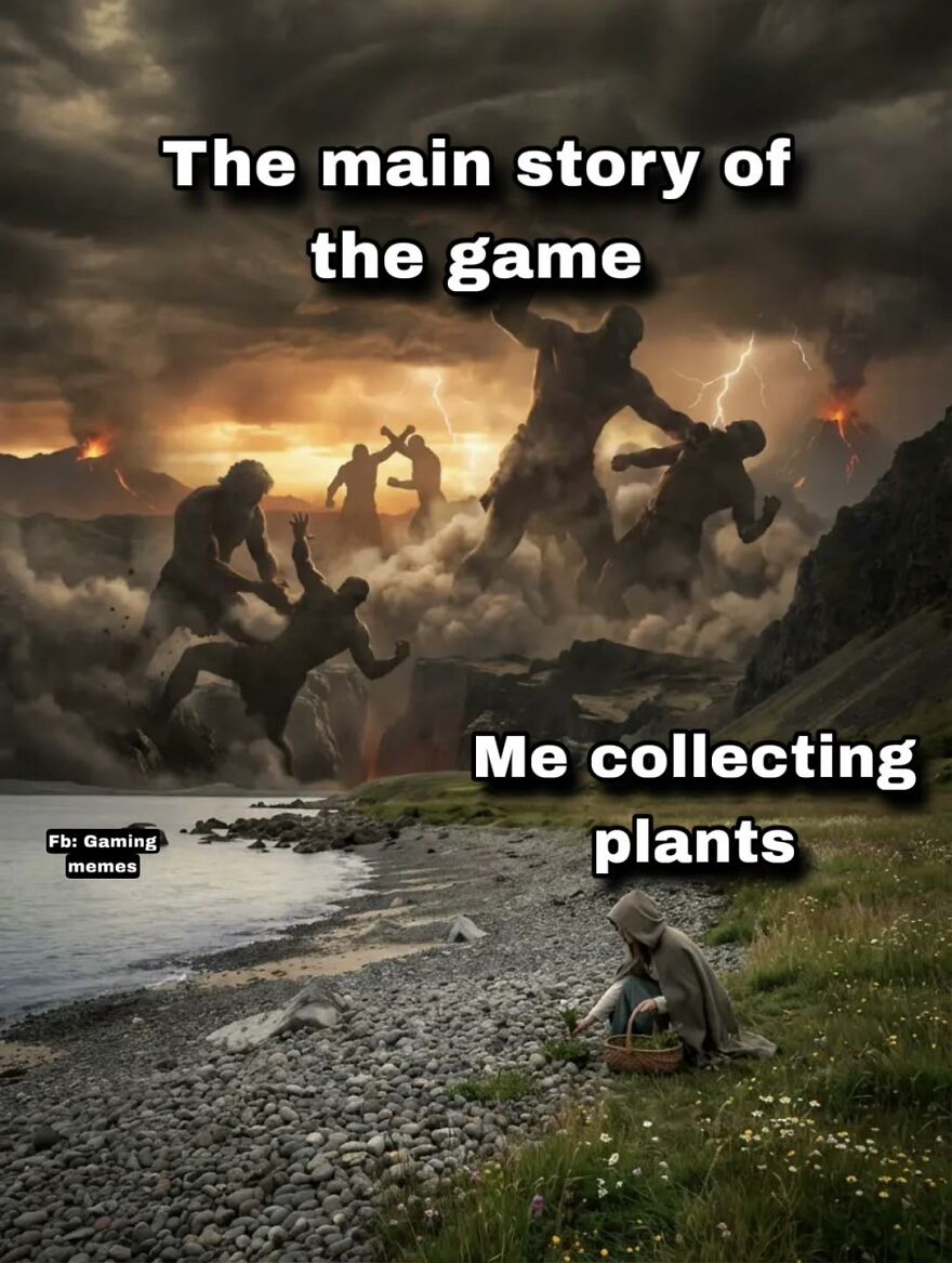 Giant figures battling in a stormy landscape with an adult exhausted player quietly collecting plants outside the chaos video games.
