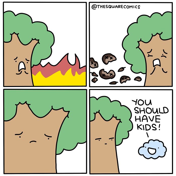 Comic strip showing a sad tree dealing with fire and falling leaves, highlighting darkly funny comics about adulthood struggles.