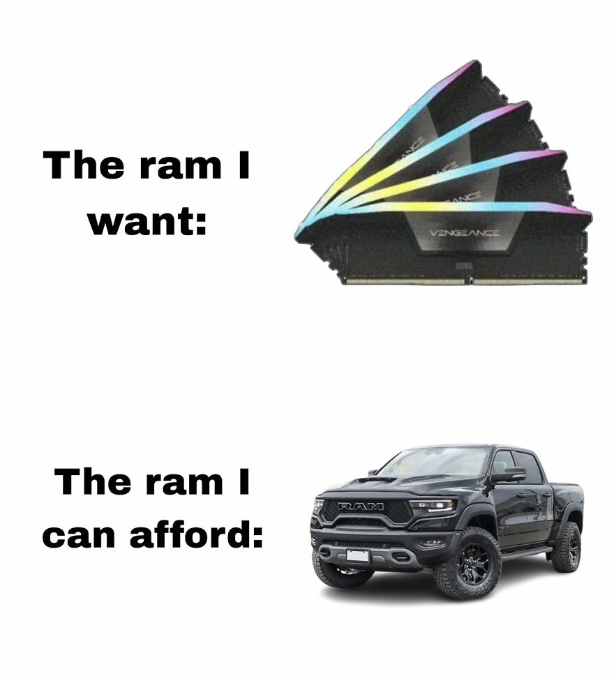 Comparison meme showing desired computer RAM sticks with RGB lighting versus affordable black RAM truck for exhausted adults who want to play video games.