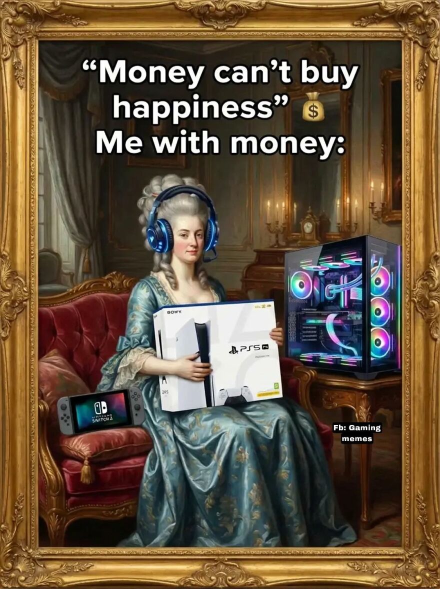 A classical portrait of a woman wearing gaming headphones, holding a PS5 box with a gaming PC and Nintendo Switch nearby.