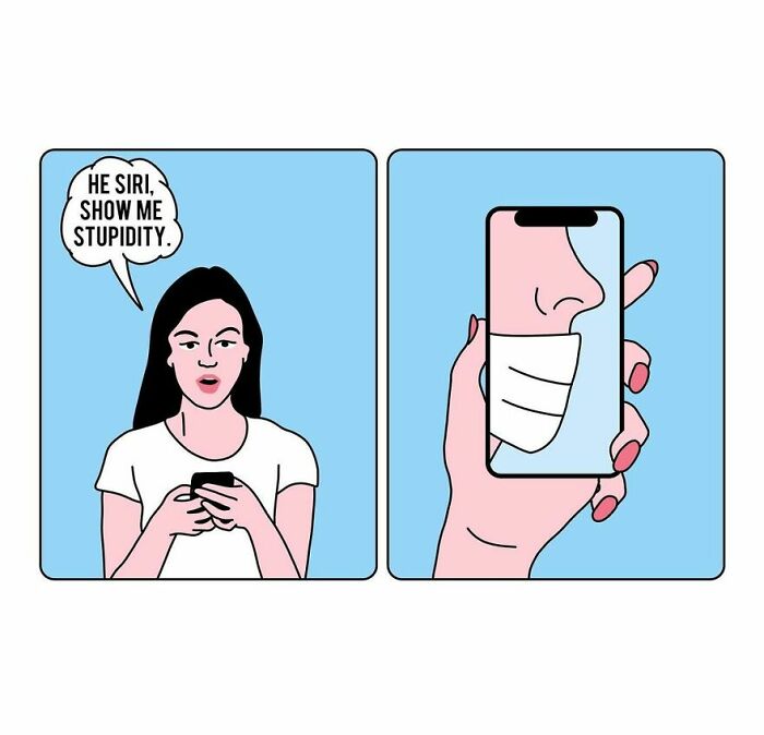 Studio Stoutpoep comic of woman asking Siri to show stupidity, phone selfie displays a face with a mask over nose
