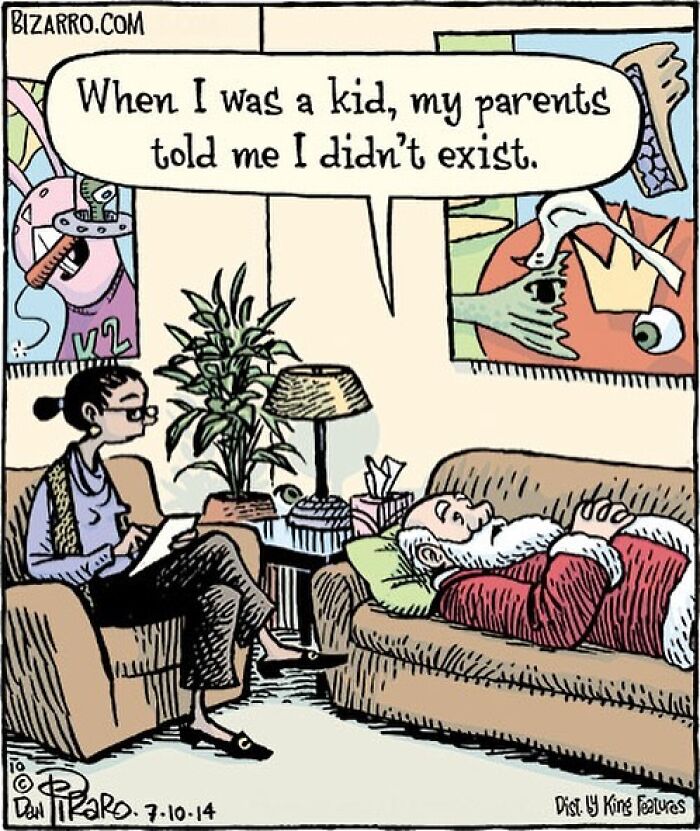 Cartoon by Dan Piraro showing a therapy session with a patient sharing a childhood memory, capturing relatable moments.