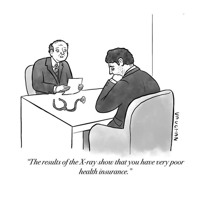 Cartoon by artist showing a doctor telling a patient he has very poor health insurance in a comedic comic style.