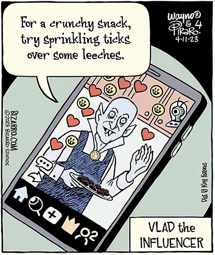 Cartoon of a vampire influencer on a phone screen suggesting unusual food, capturing relatable moments in modern life.