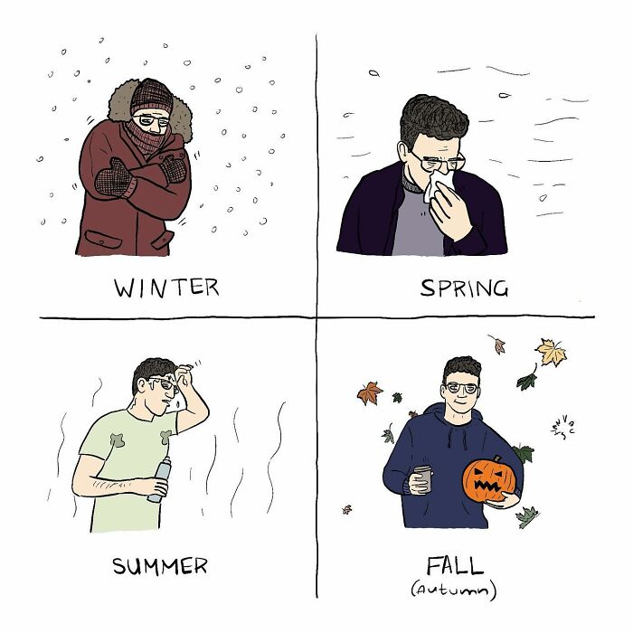 Illustration showing seasonal humor with a man reacting differently in winter, spring, summer, and fall for comedy comics.