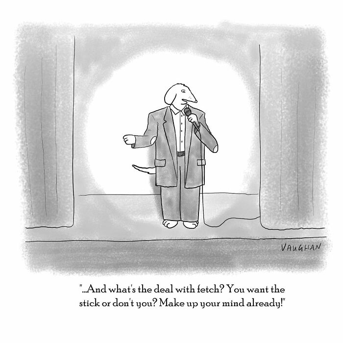 Anthropomorphic dog comedian in a suit performing stand-up comedy on stage with a microphone and spotlight.