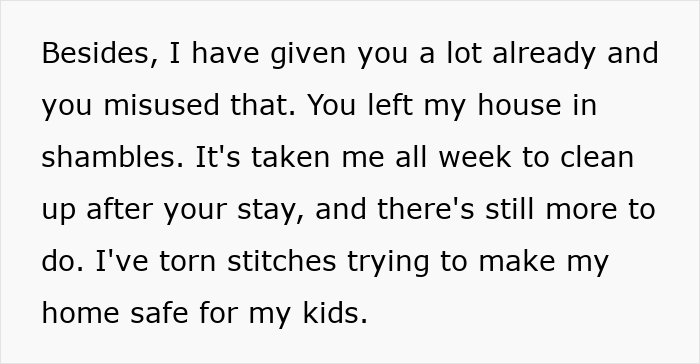 Text excerpt from story about woman letting friend stay during surgery recovery, dealing with filthy house and car driven 1,100 miles.