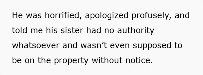 Text excerpt about a sister lacking authority and being confronted for harassing brother’s tenant on property. Text excerpt about a sister lacking authority and being confronted for harassing brother’s tenant on property.