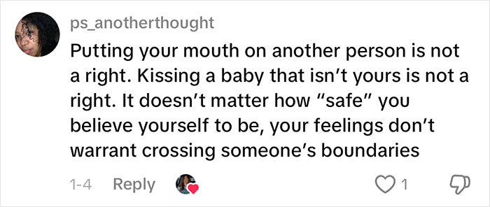 Social media comment about boundaries and not kissing a baby from a woman’s gentle reminder for grandma.