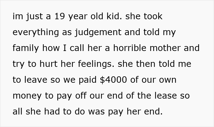 Text excerpt discussing a 19-year-old calling their mother horrible, leading to family conflict and paying off a lease.