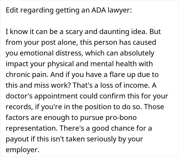 Text discussing emotional distress and ADA lawyer advice related to coworker disability and chronic pain support.