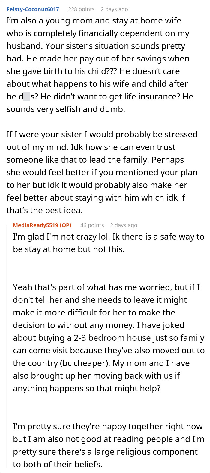 Woman worried about sister who became a tradwife discusses secret fund plan to help her financially and emotionally.