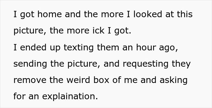 Text message describing a woman finding a weird shrine related to her hair stylist and requesting an explanation.