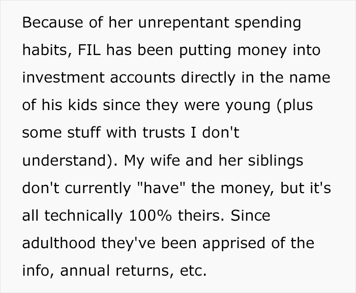Screenshot of text describing inheritance plans and investments, mentioning Greedy Mom reacting to dad's decisions Screenshot of text describing inheritance plans and investments, mentioning Greedy Mom reacting to dad's decisions