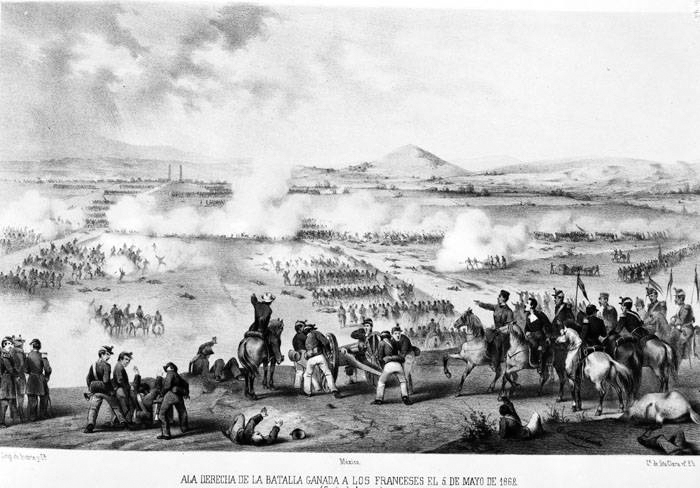 Battle of Puebla sketch showing 19th-century soldiers, cannons, and smoke on battlefield — Fun Facts About Mexico