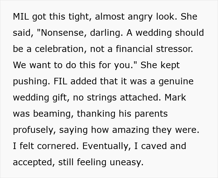 Woman snaps at MIL, expressing how her generous gift felt like a manipulative way to control her life during wedding planning. Woman snaps at MIL, expressing how her generous gift felt like a manipulative way to control her life during wedding planning.