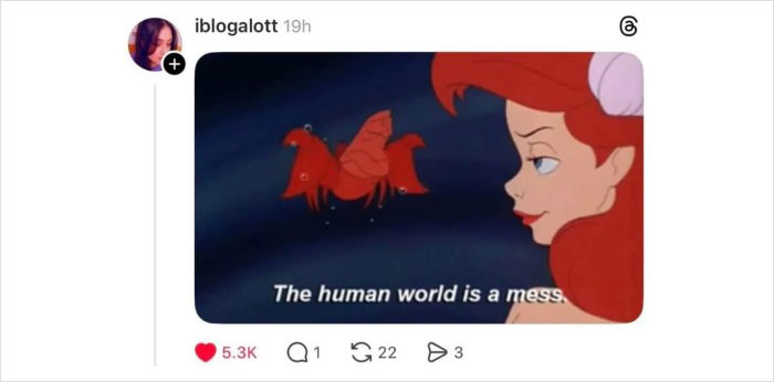 Screenshot of a viral Disney thread showing Ariel with the caption The human world is a mess trending online.