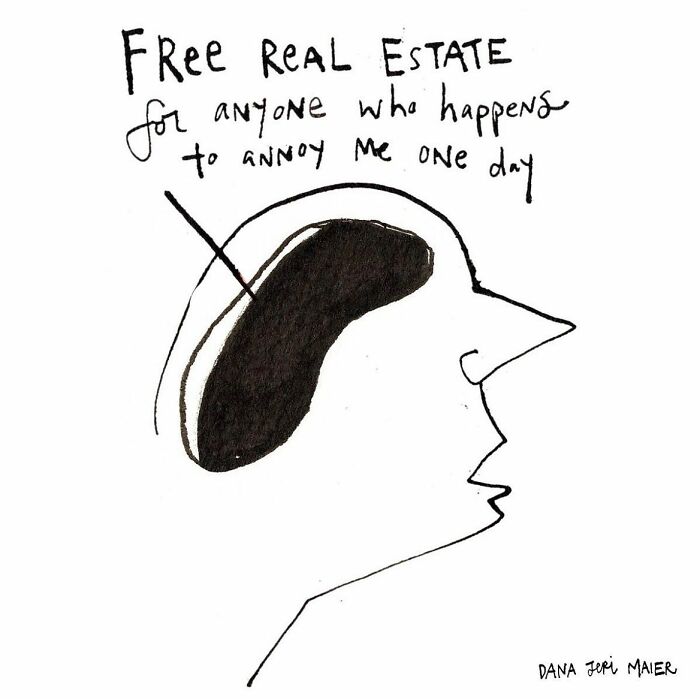 Minimalist comic by Dana Jeri Maier illustrating free real estate humor about modern life annoyances.