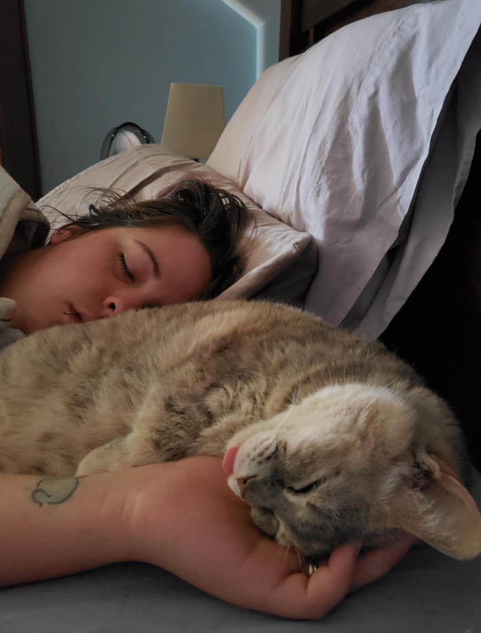 Mulher dormindo pacificamente na cama com um gato apoiado em seu braço, ilustrando as necessidades de sono das mulheres versus dos homens.