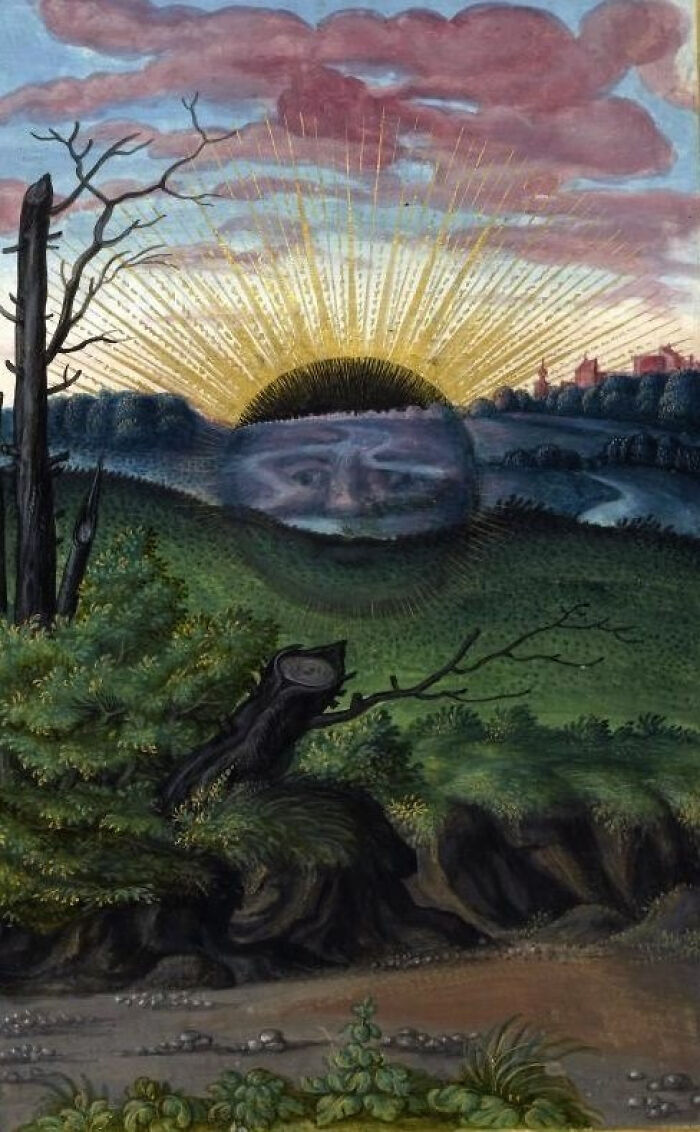 Medieval painting of a landscape with a sun featuring a human face rising over hills and trees in the foreground.