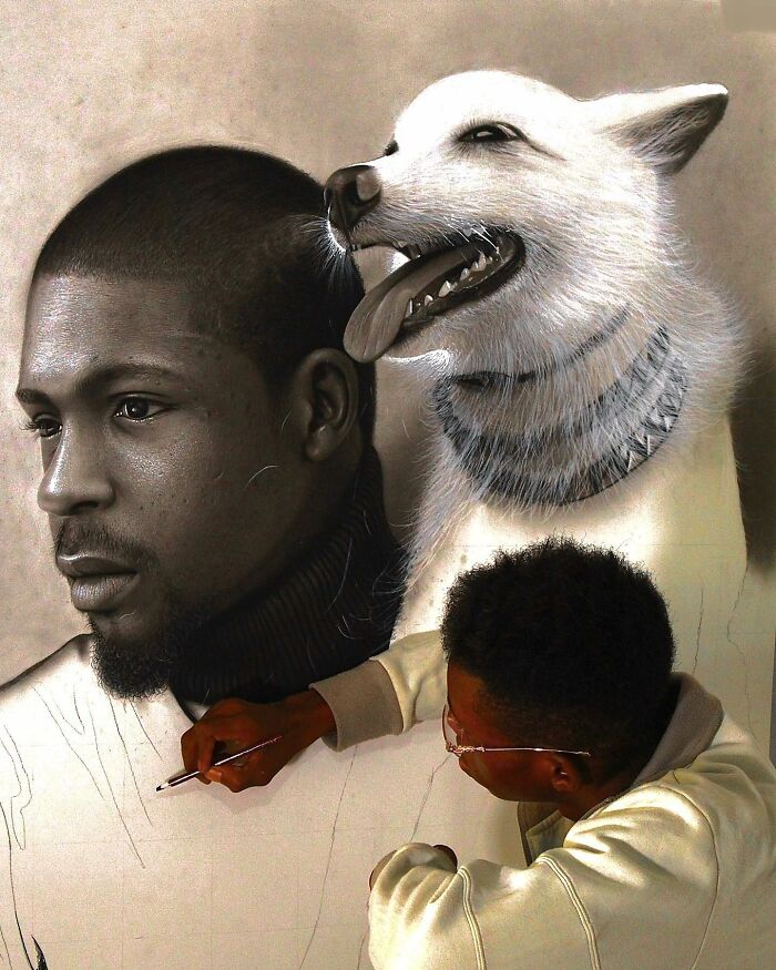 Artist creating hyperrealistic portrait of man and dog, showing detailed painting process behind-the-scenes.