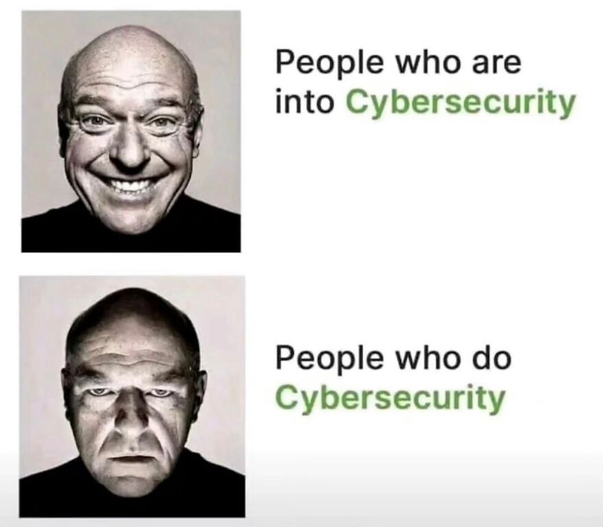 Two images showing contrast between people into cybersecurity smiling and people who do cybersecurity looking serious.