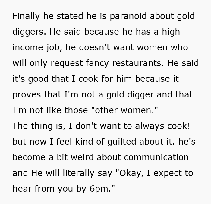 Text about boyfriend fearing golddiggers and believing cooking proves she's not one, leading to weird communication issues.