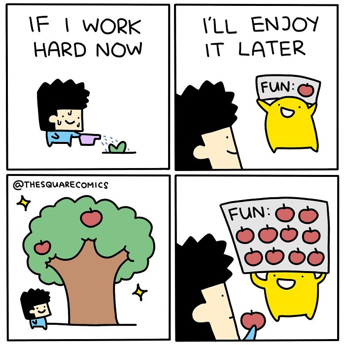 Comic strip showing a character planting and later enjoying a tree full of apples, capturing the struggle of adulthood.