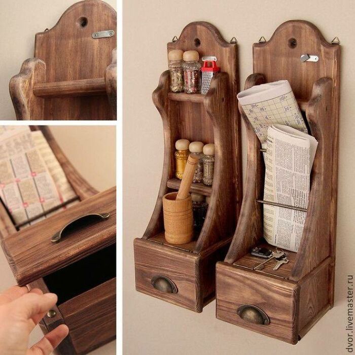 Two beautifully crafted woodworking projects of wall-mounted wooden organizers with shelves, drawers, and holders for kitchen utensils and newspapers.