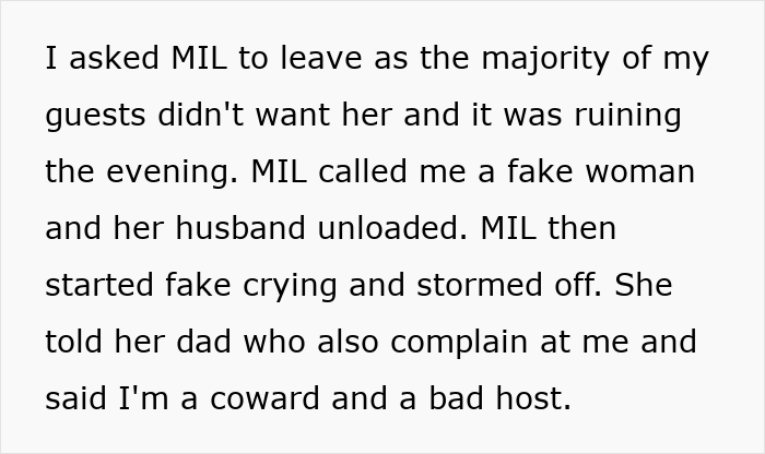 Text excerpt from a family dispute involving MIL and a wedding planner who slept with her dad, causing tension at the event.