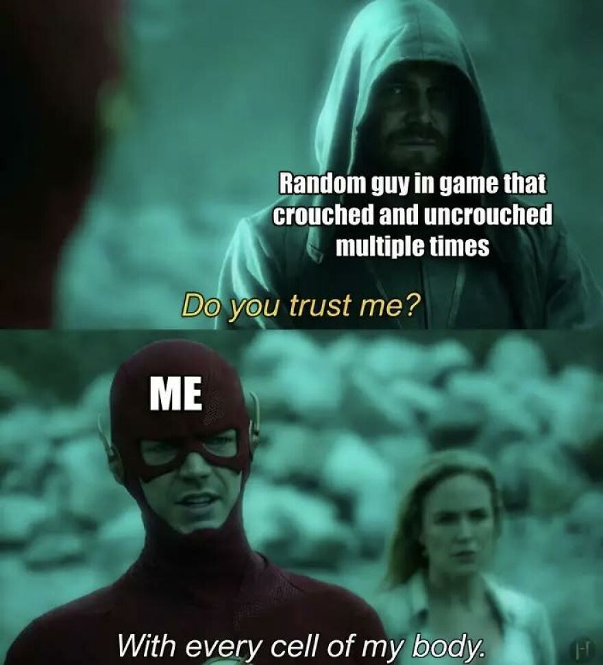 Meme showing video game trust humor with characters, reflecting relatable memes for exhausted adults wanting to play video games.