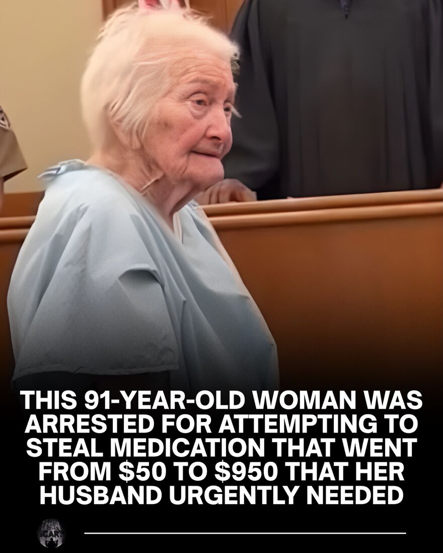 91-year-old woman in court, wearing a hospital gown, involved in a case related to urgent medication and bones health.
