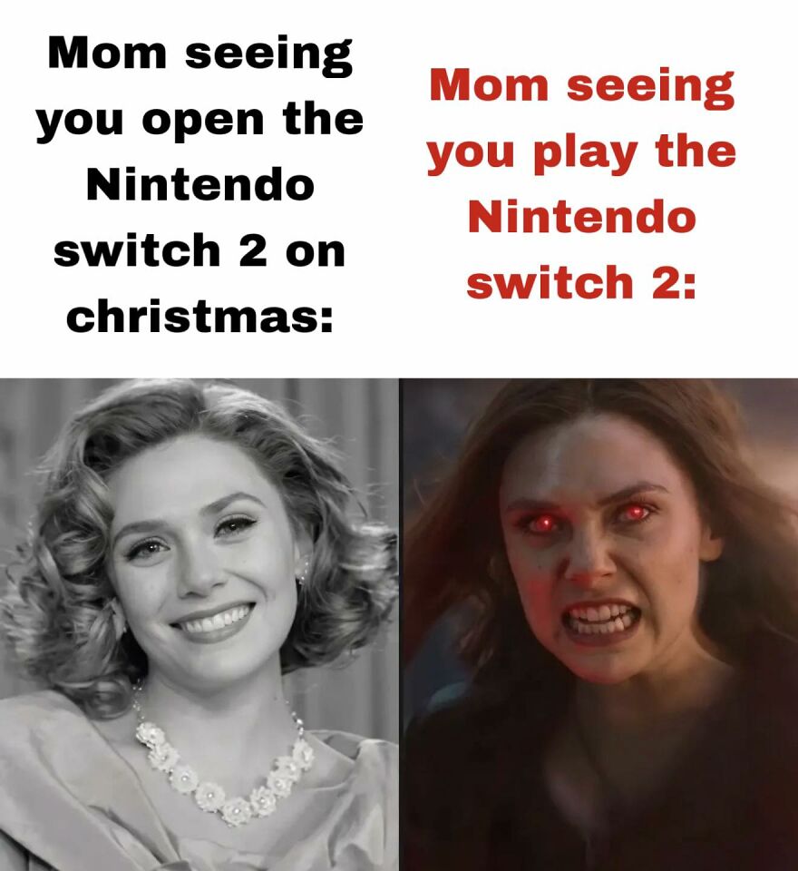 Split image meme showing a smiling woman on left and an angry woman with glowing red eyes on right about video games.