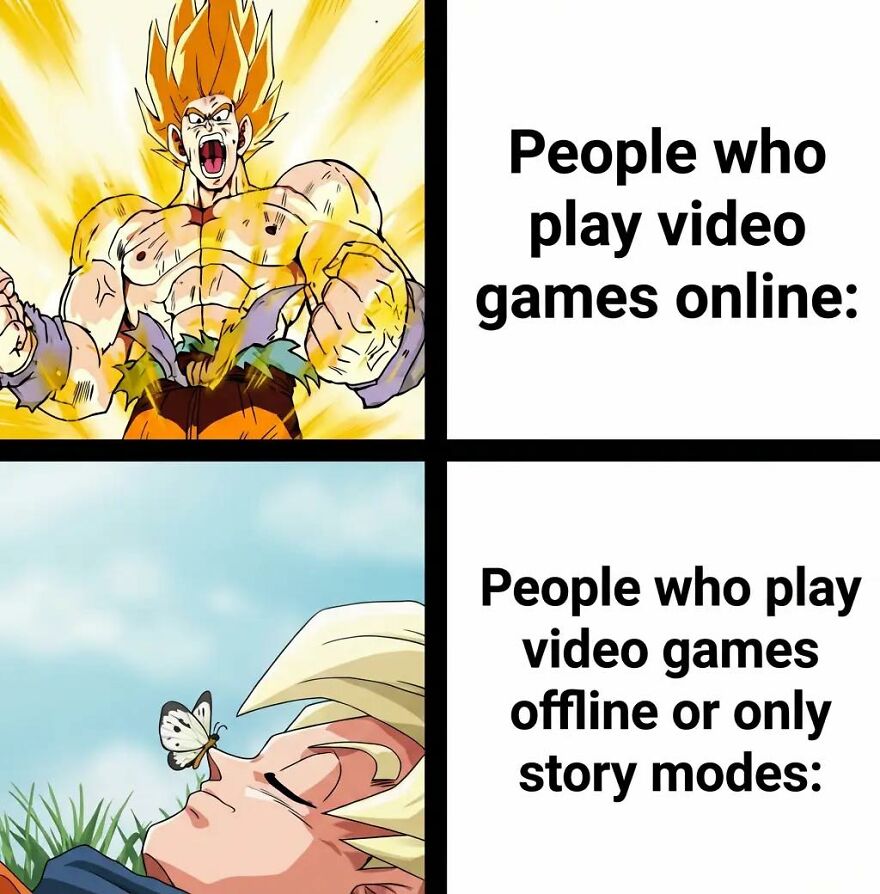 Anime character powering up fiercely contrasted with the same character peacefully resting, illustrating video games online vs offline.