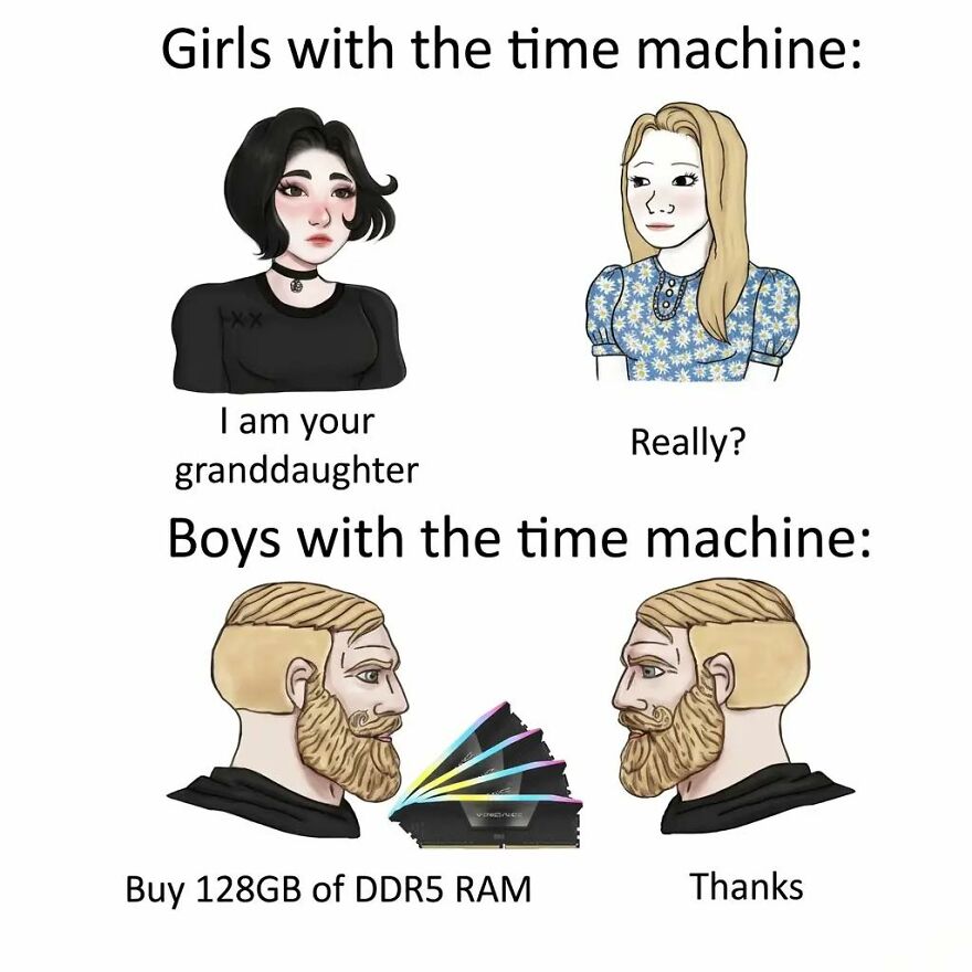 Illustration meme showing girls and boys with time machines, referencing gaming and computer RAM for exhausted adults.