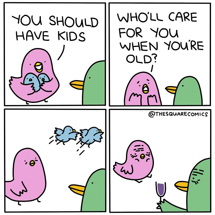 Darkly funny comic showing birds debating having kids to avoid loneliness in adulthood’s struggle.