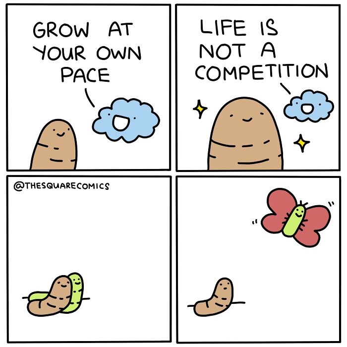 Comic illustrating the struggle of adulthood with a worm and cloud about growing at your own pace and life not a competition.