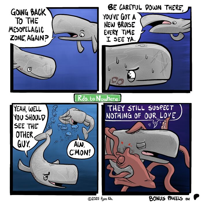 Comic artist’s dark, absurd punchline with whales and an octopus in a cute underwater setup that surprises readers unexpectedly.