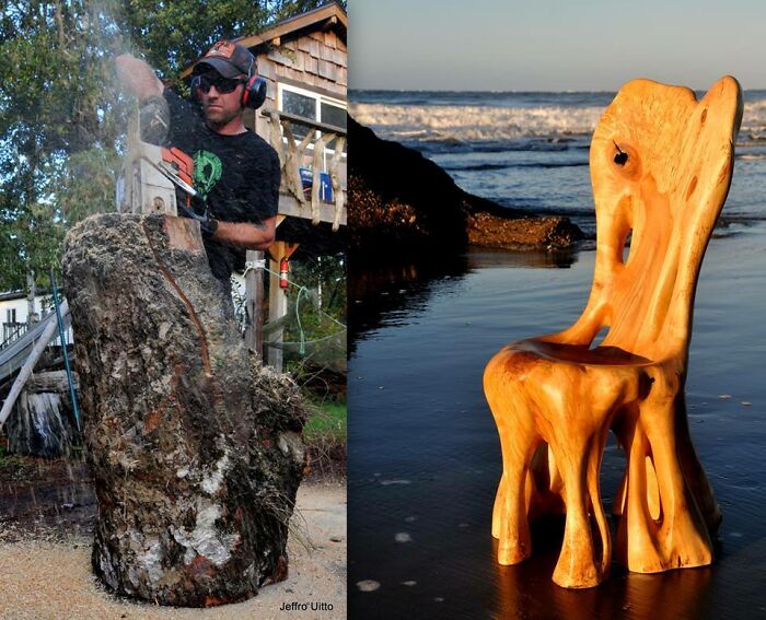 Man using chainsaw to craft a unique wooden chair from a large log, showcasing impressive woodworking projects by the ocean.
