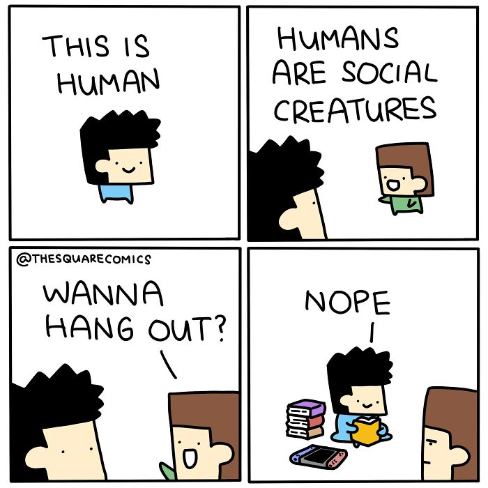 Darkly funny comic illustrating the struggle of adulthood with social interaction and avoiding hanging out.