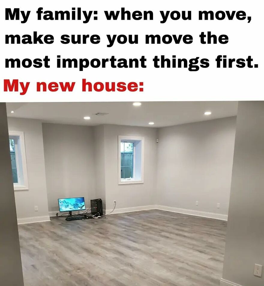 Minimalist new house with only a gaming setup, illustrating relatable memes for exhausted adults who want to play video games.