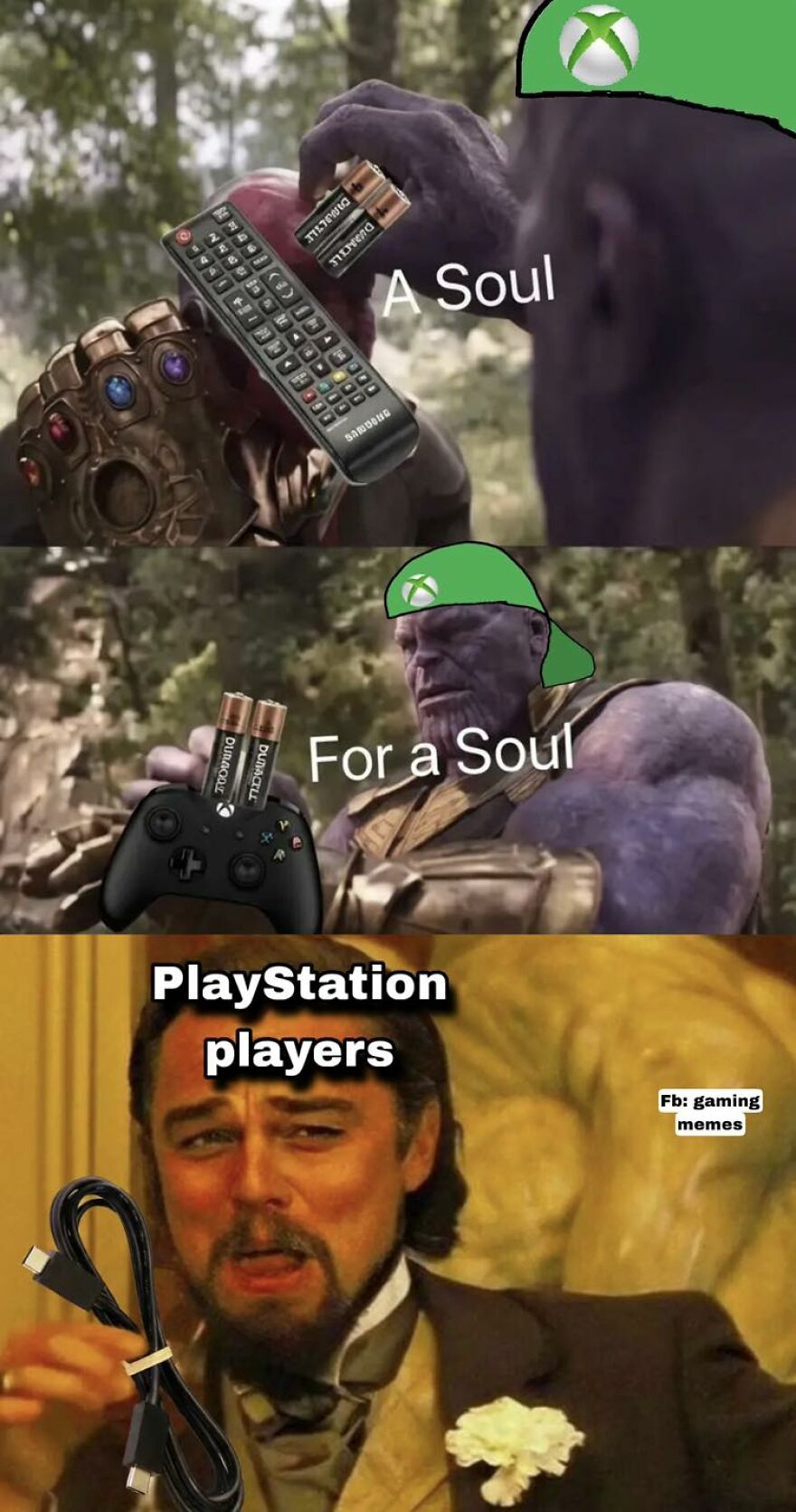 Thanos meme edited with Xbox and PlayStation controllers, humor about relatable video games for exhausted adults.