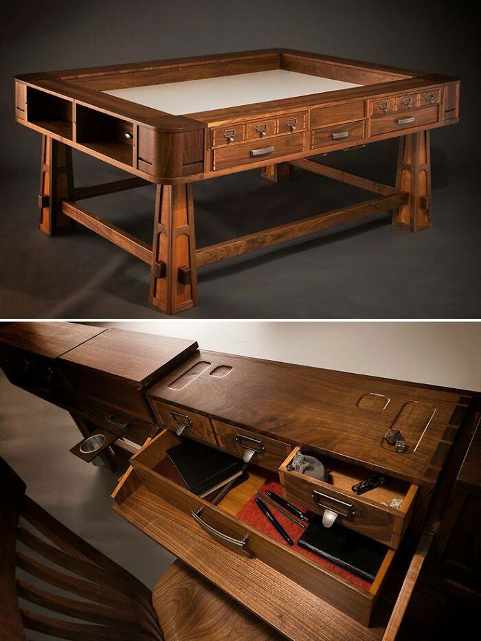 Elegant woodworking project showcasing a multi-drawer walnut desk with smooth finish and intricate detailing.