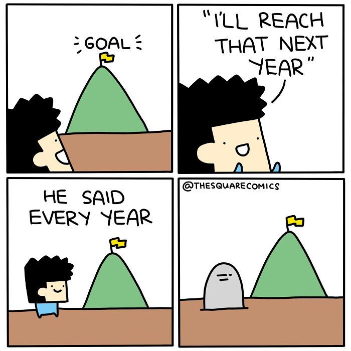 Comic strip showing the ongoing struggle of adulthood with goals and procrastination in a darkly funny style.