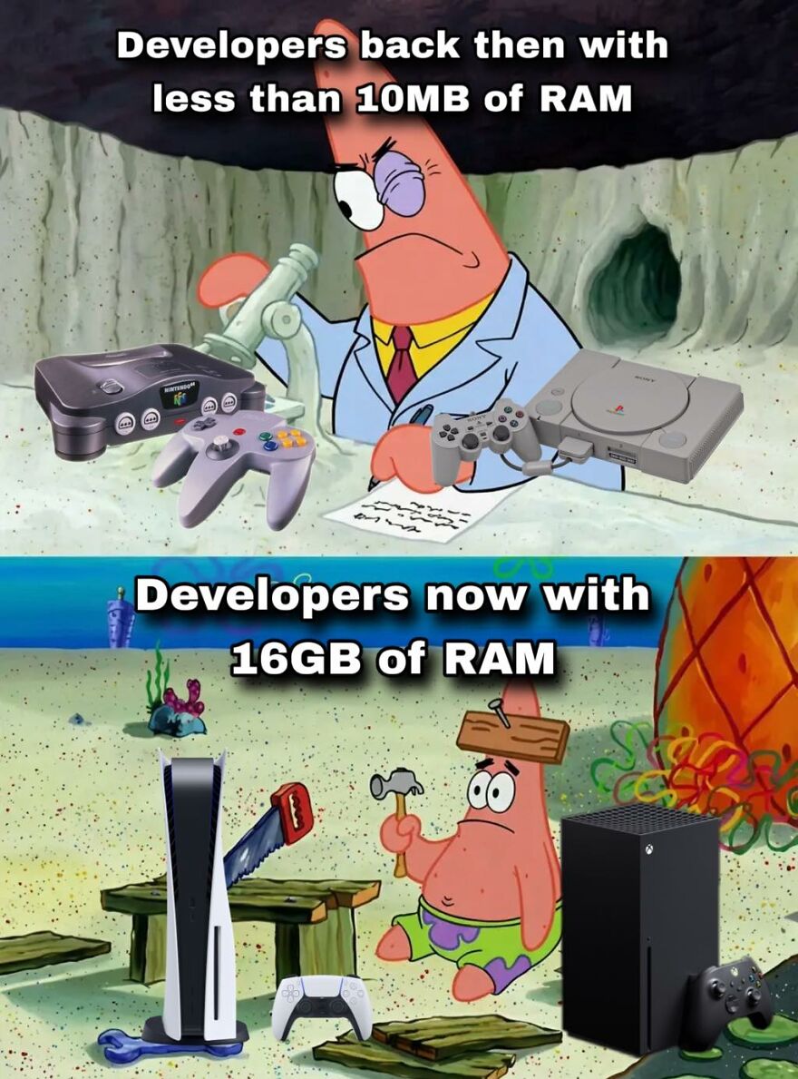 Patrick Star from SpongeBob comparing old and new gaming consoles, highlighting relatable memes for exhausted adults who want to play video games.