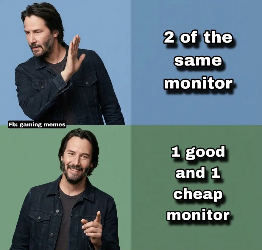 Man gesturing no to two identical monitors but approving one good and one cheap monitor, relatable meme for exhausted adults who play video games.