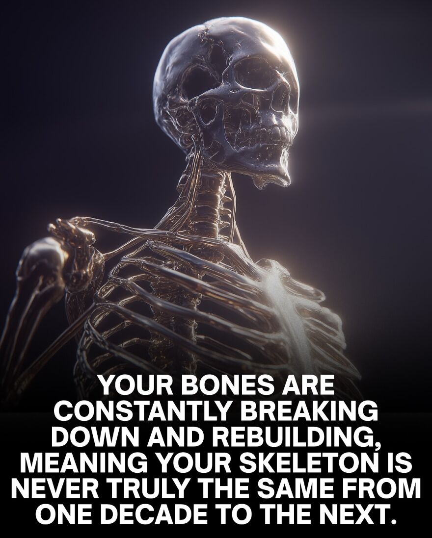 Shiny human skeleton with text about bones constantly breaking down and rebuilding over decades in dark background.