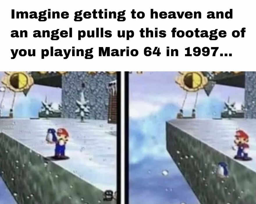Meme showing a scene from Mario 64 with text about exhausted adults wanting to play video games for relatable humor.