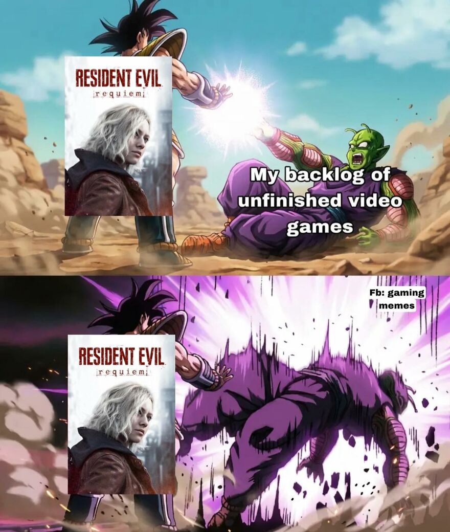 Anime characters fighting with Resident Evil game cover overlaid, symbolizing unfinished video games backlog for exhausted adults.