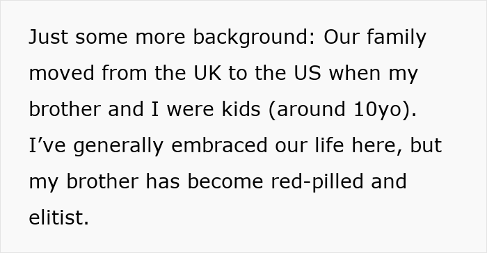 Text excerpt about a woman appalled by her mom enabling chauvinist brother and family drama ensuing. Text excerpt about a woman appalled by her mom enabling chauvinist brother and family drama ensuing.
